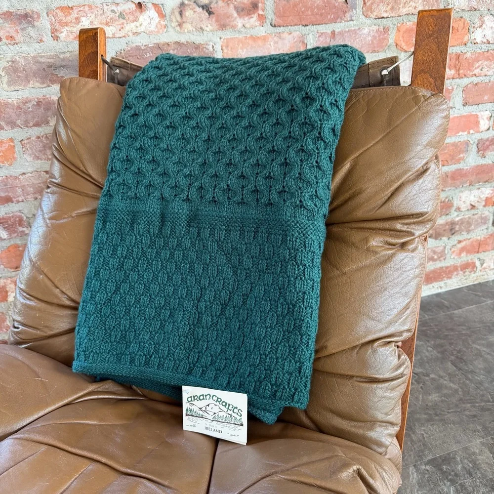 Aran Crafts Ireland Merino Wool Knit Throw Blanket Green 62x54 Irish‎